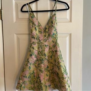Lulus NWT Green Dress with pink flowers spaghetti criss cross back size Medium